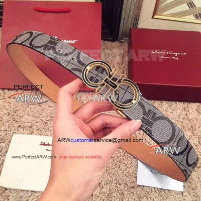 Perfect Replica Salvatoye Ferragamo Gray Belt With Gold And Black Buckle